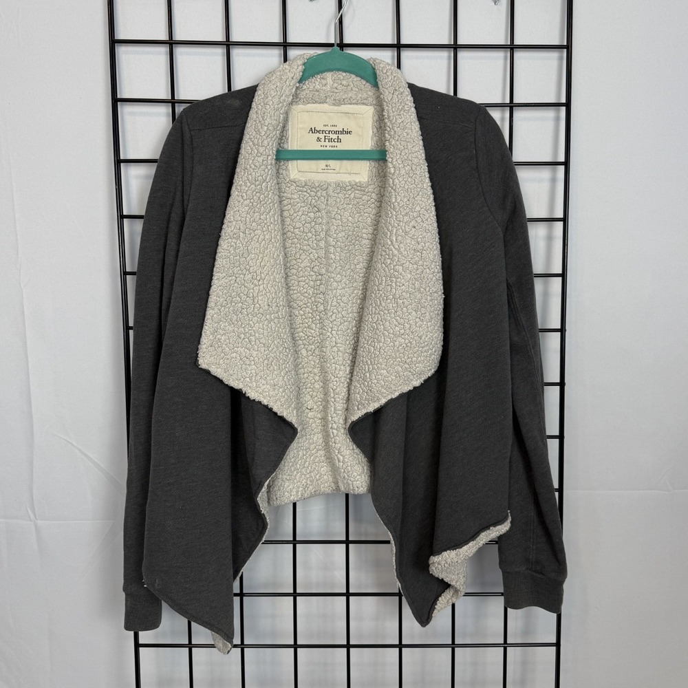 Abercrombie & Fitch Cardigan Jacket Womens Medium Gray‎ Sherpa Lined Open Front